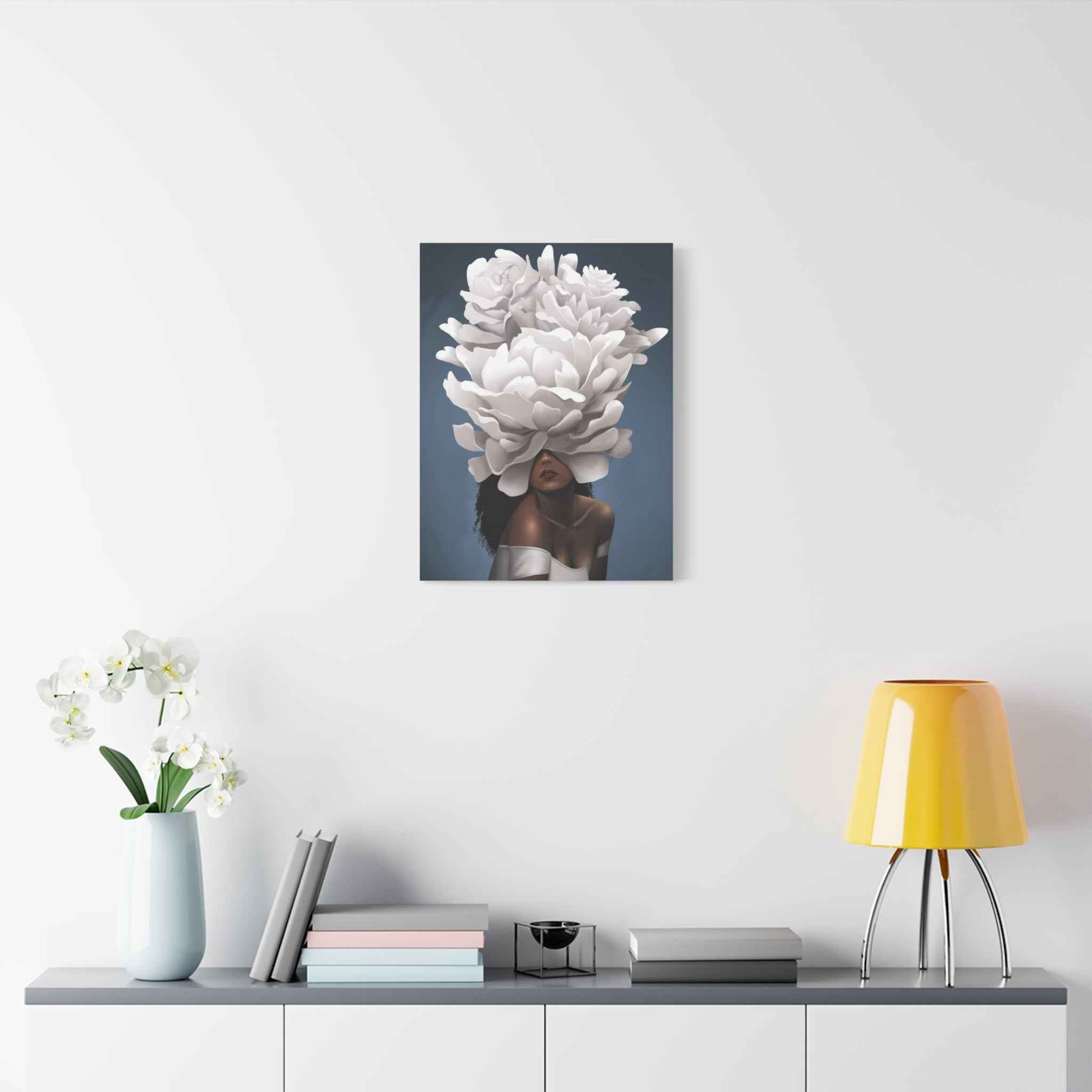 Floral Veil Canvas Wall Art — Elegant Woman with Oversized White Peony - TheKaraHan