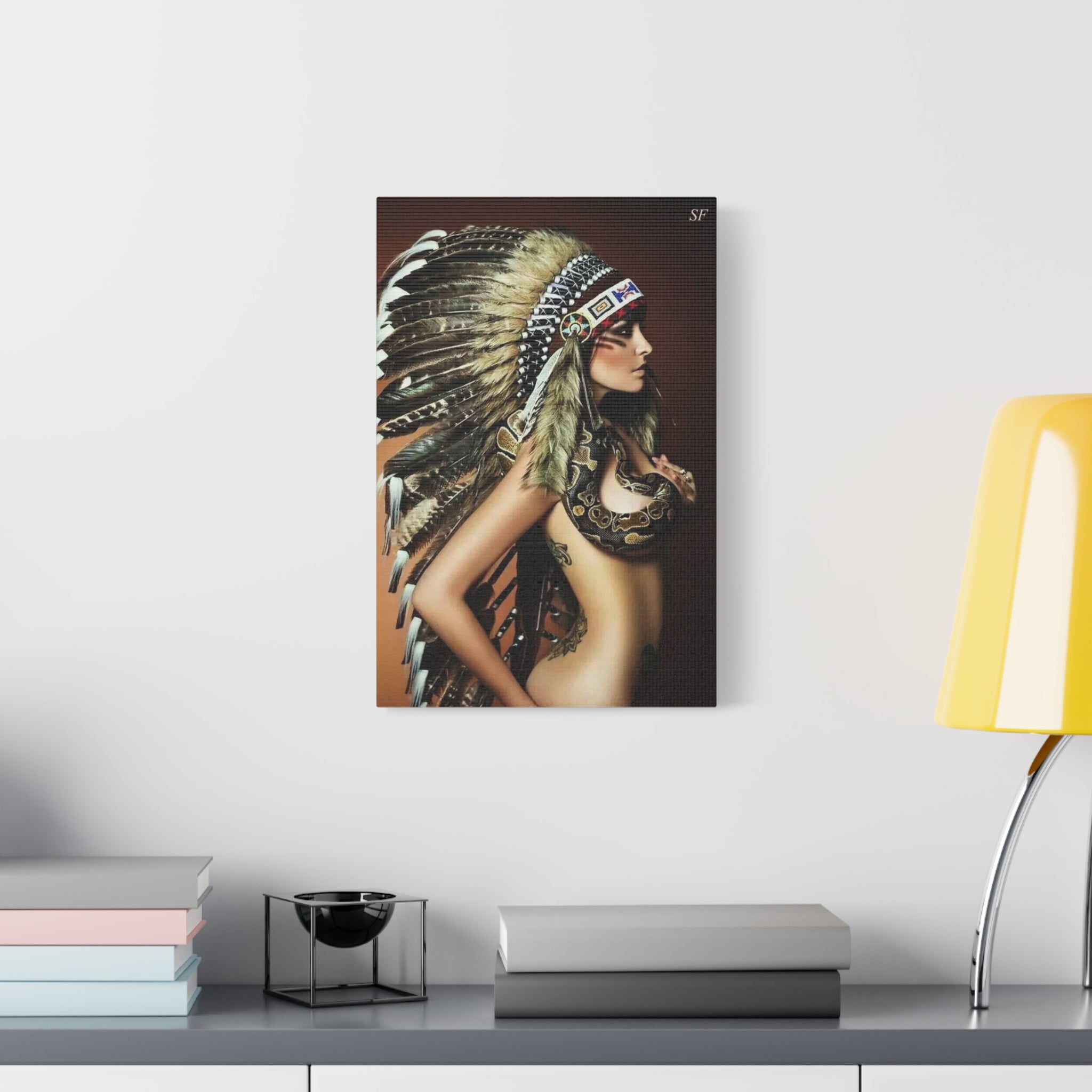 Bohemian Headdress Canvas Print — Native-Inspired Woman with Snake Wall Art 