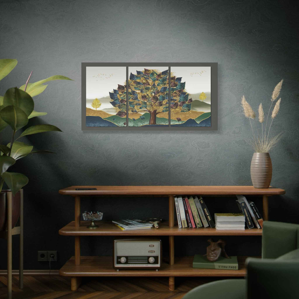 Golden Tree Canvas Wall Art – Abstract Landscape Triptych