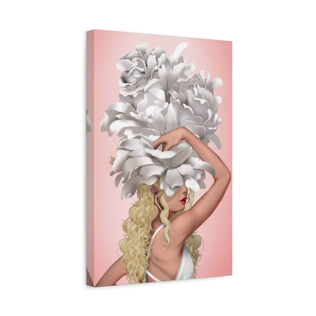 Blushing Muse Floral Canvas Print featuring Woman in Oversized White Peony Hat - TheKaraHan
