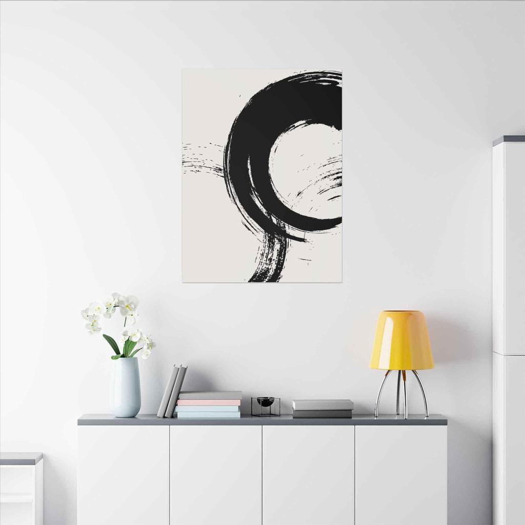 Zen Brushstroke Wall Art - Minimalist Black Circle Abstract Canvas Decor - TheKaraHan