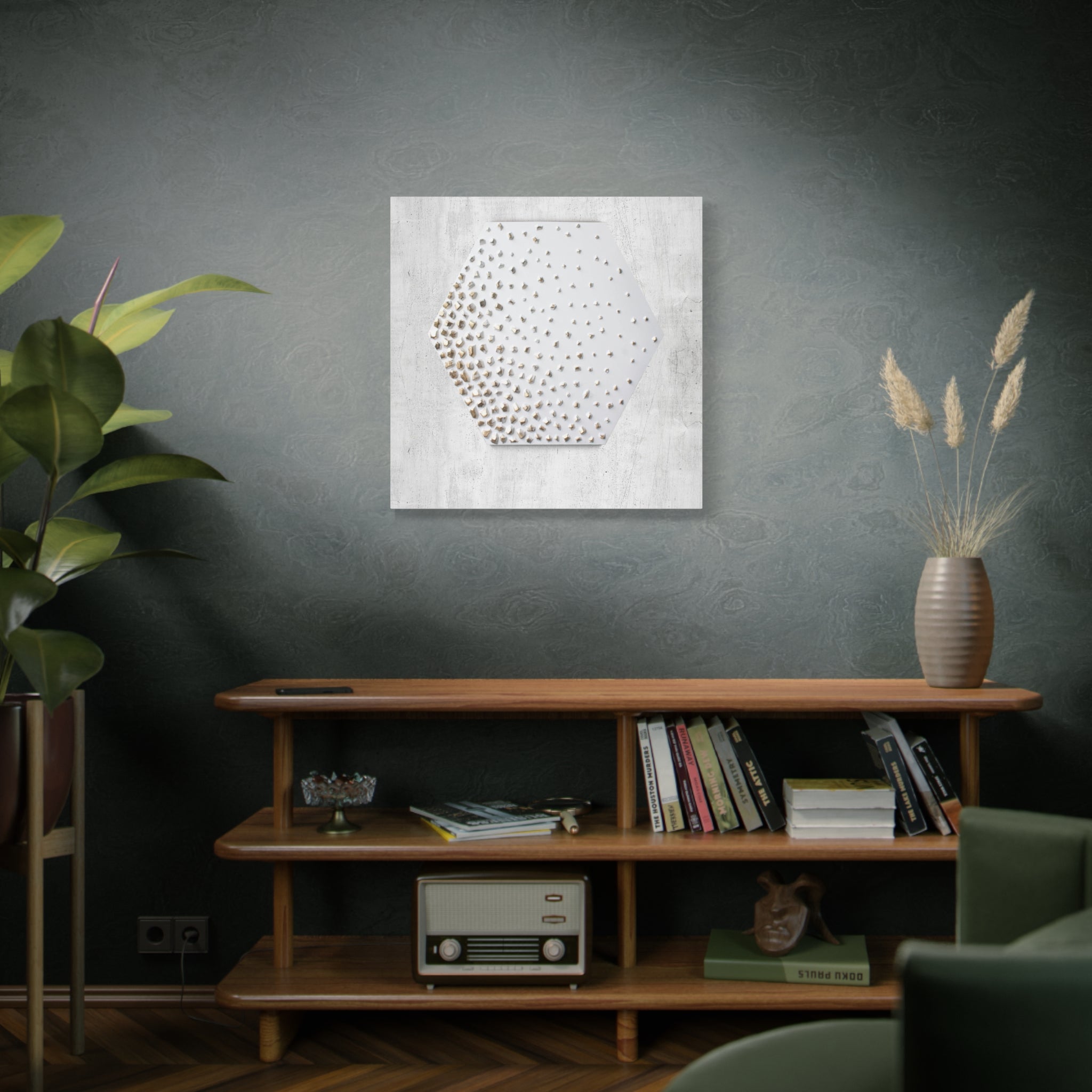 Hexagon Gold Dot Matte Canvas Wall Art — Neutral Modern Textured Home Decor 