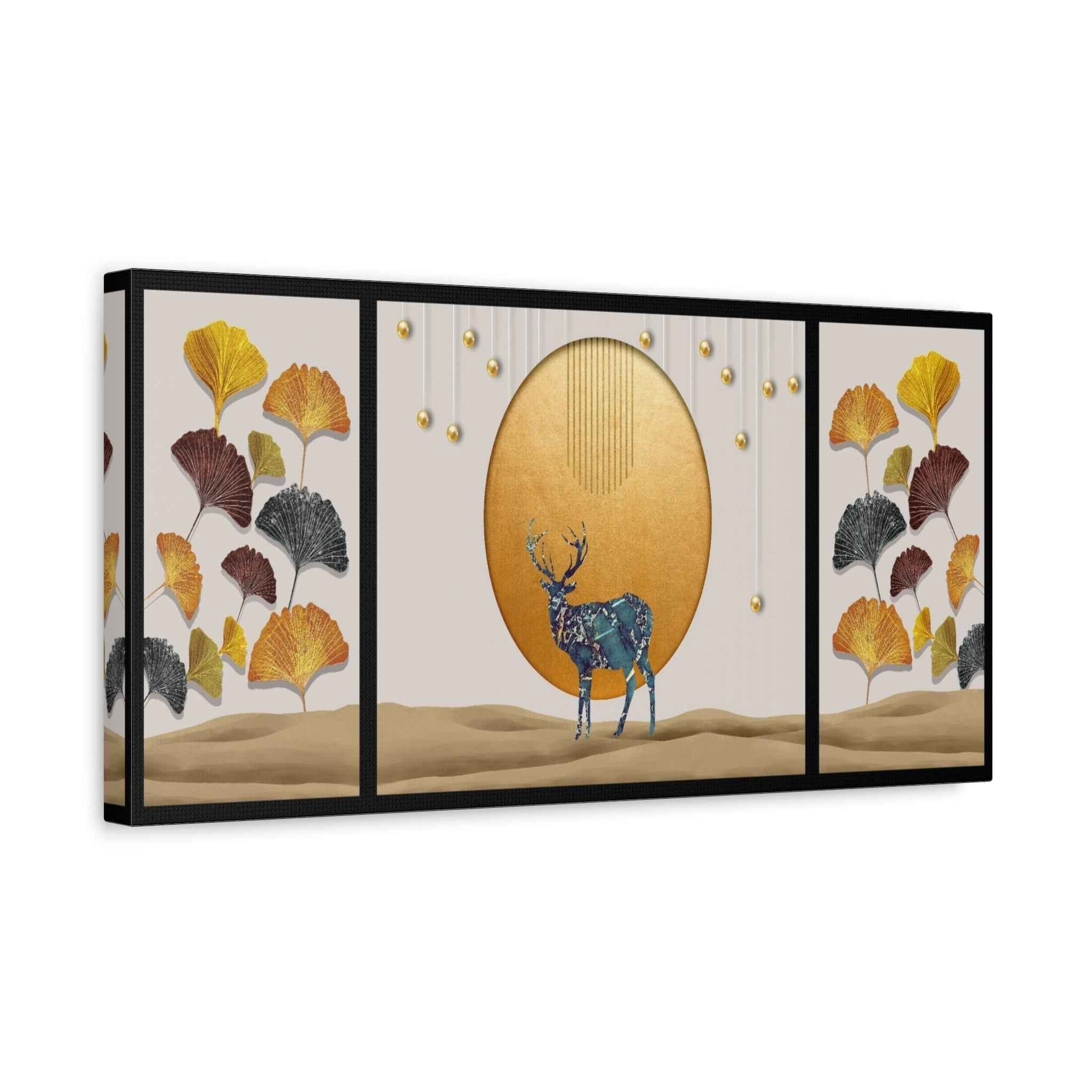 Golden Deer Wall Art – Luxury Ginkgo Leaves Canvas Print