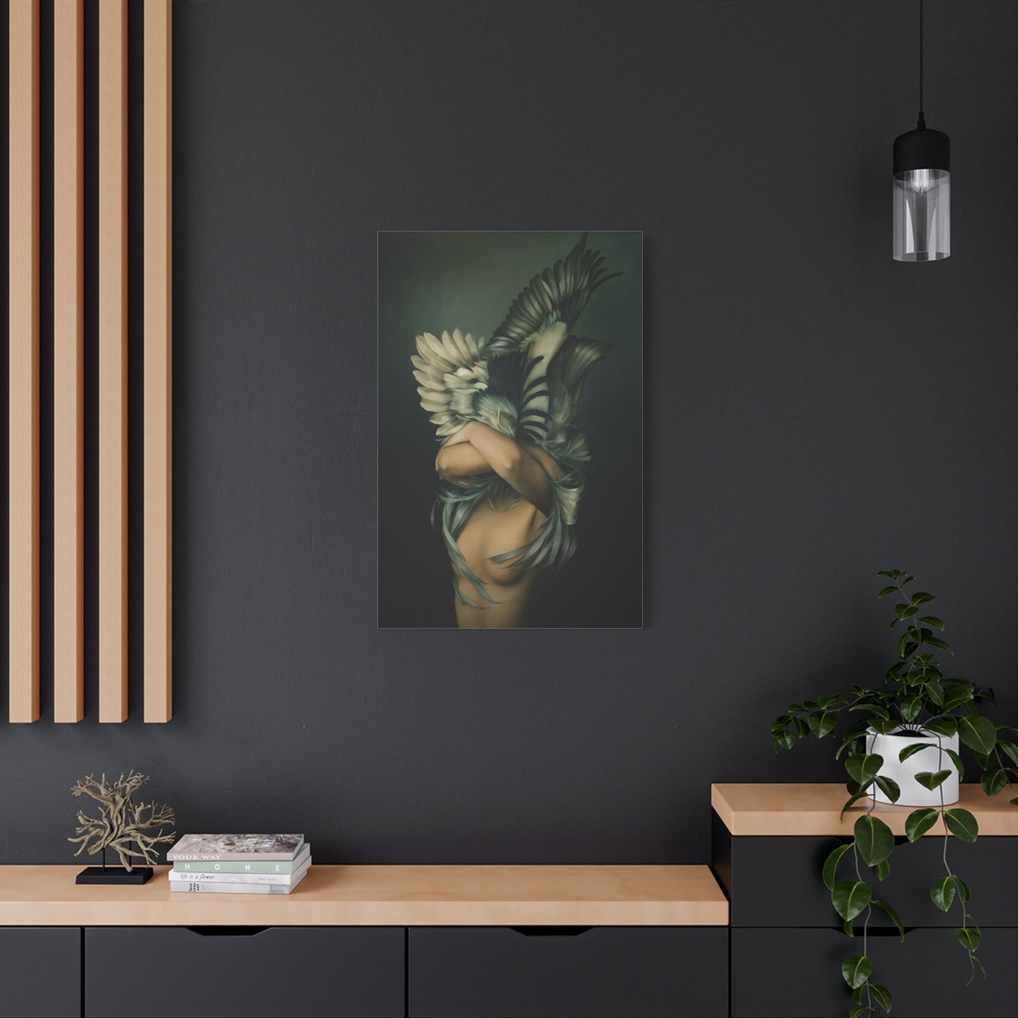 Winged Embrace Matte Canvas Wall Art — Surreal Feathered Figure Stretched Print 