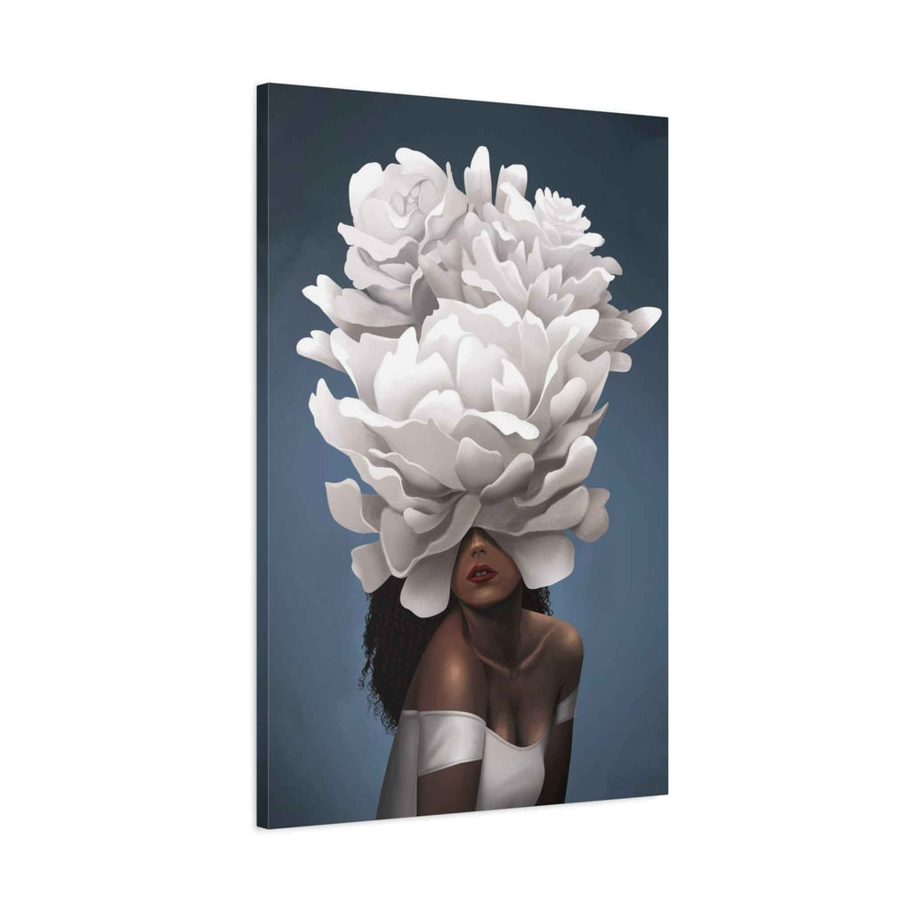 Floral Veil Canvas Wall Art — Elegant Woman with Oversized White Peony - TheKaraHan