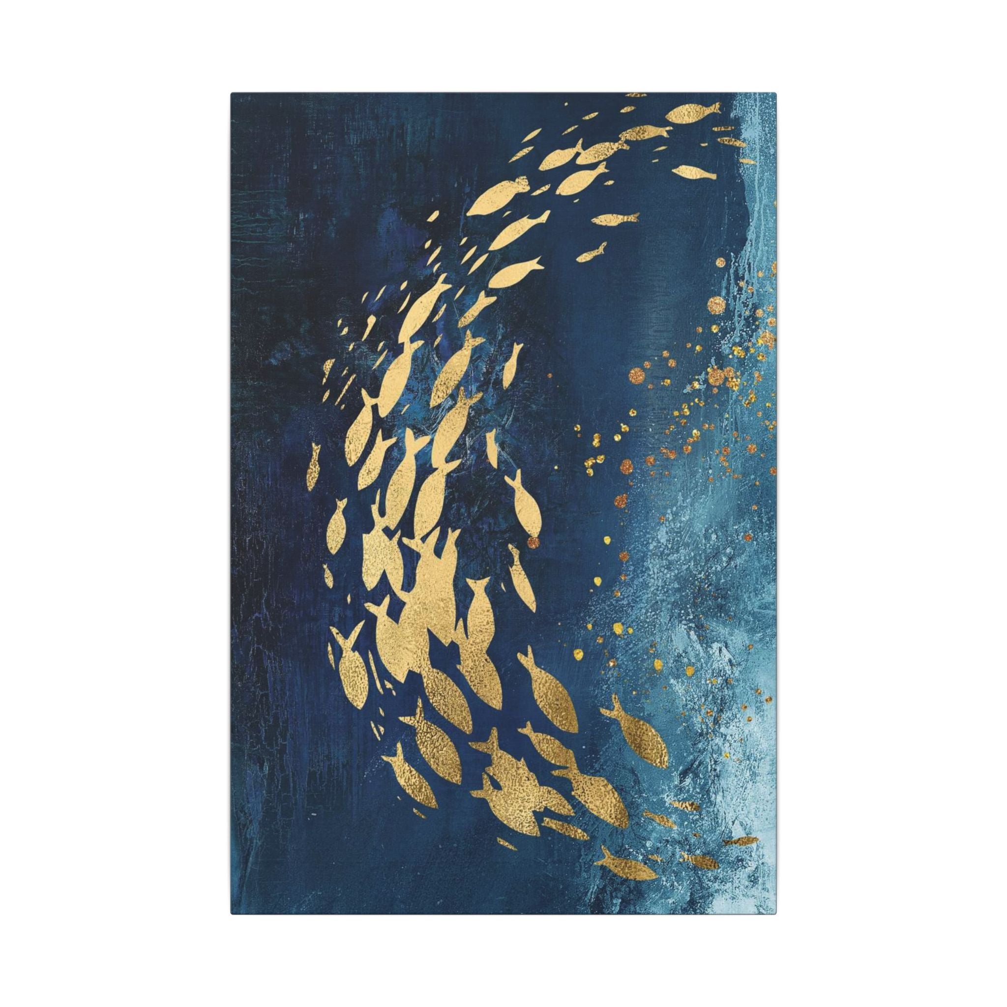 Abstract Gold Fish Canvas — Navy Ocean Wall Art (Matte Stretched) 