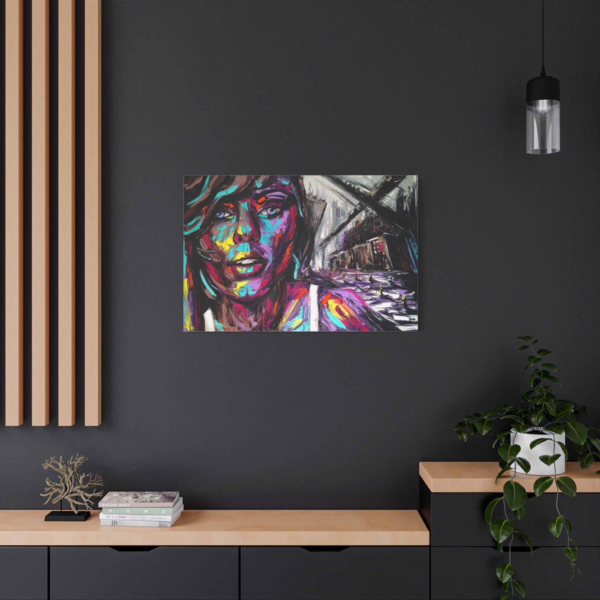 Colorful Woman Portrait Canvas Print — Vibrant Abstract Urban Art 