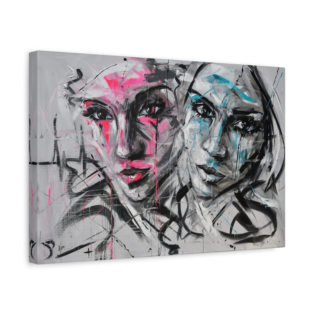 Abstract Duo Faces Matte Canvas Print — Contemporary Pink & Teal Portrait Wall Art 