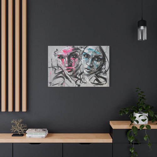 Abstract Face Canvas Art - Contemporary Pink & Teal Duo Faces Matte Canvas Print - TheKaraHan