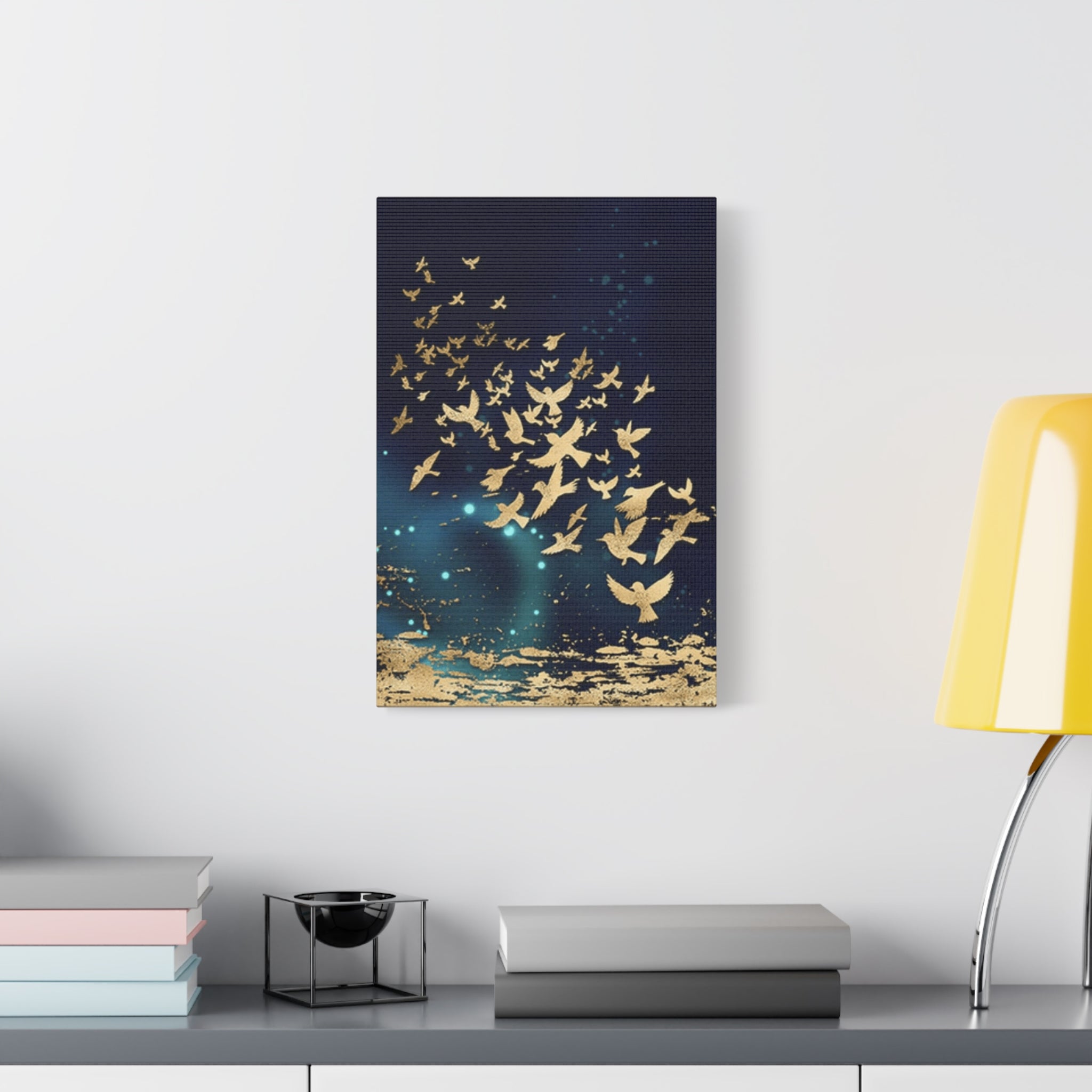 Gold Doves Canvas Print — Navy Matte Stretched Wall Art 