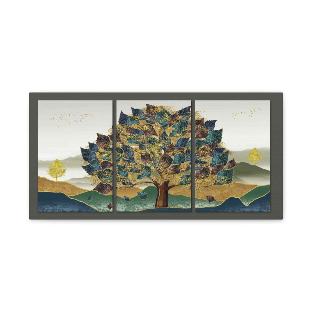 Golden Tree Canvas Wall Art – Abstract Landscape Triptych