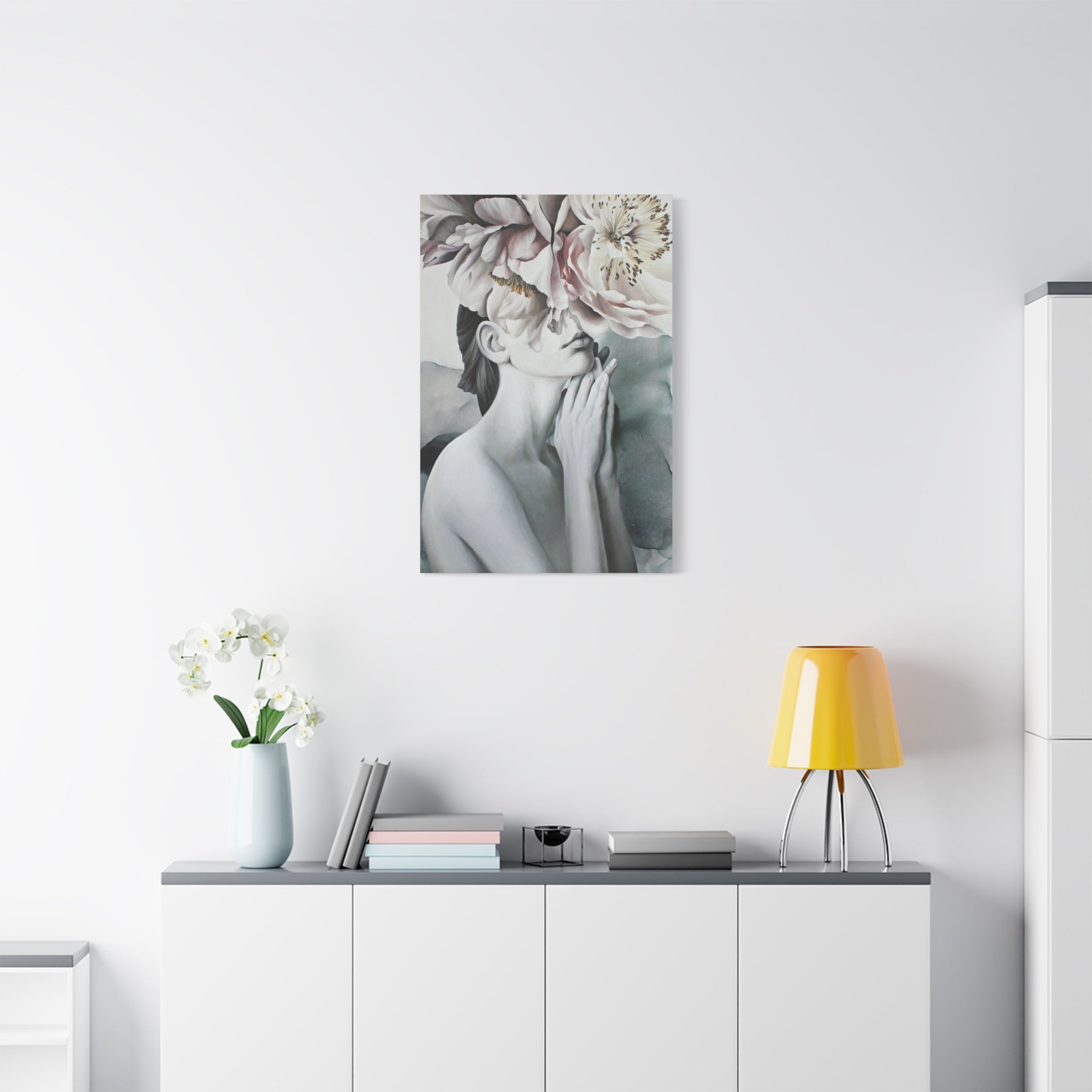 Floral Reverie Matte Canvas Print — Woman with Peony Art 