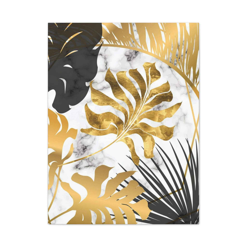 Gold Black Tropical Leaves Wall Art - Modern Marble Botanical Canvas Print for Elegant Decor - TheKaraHan