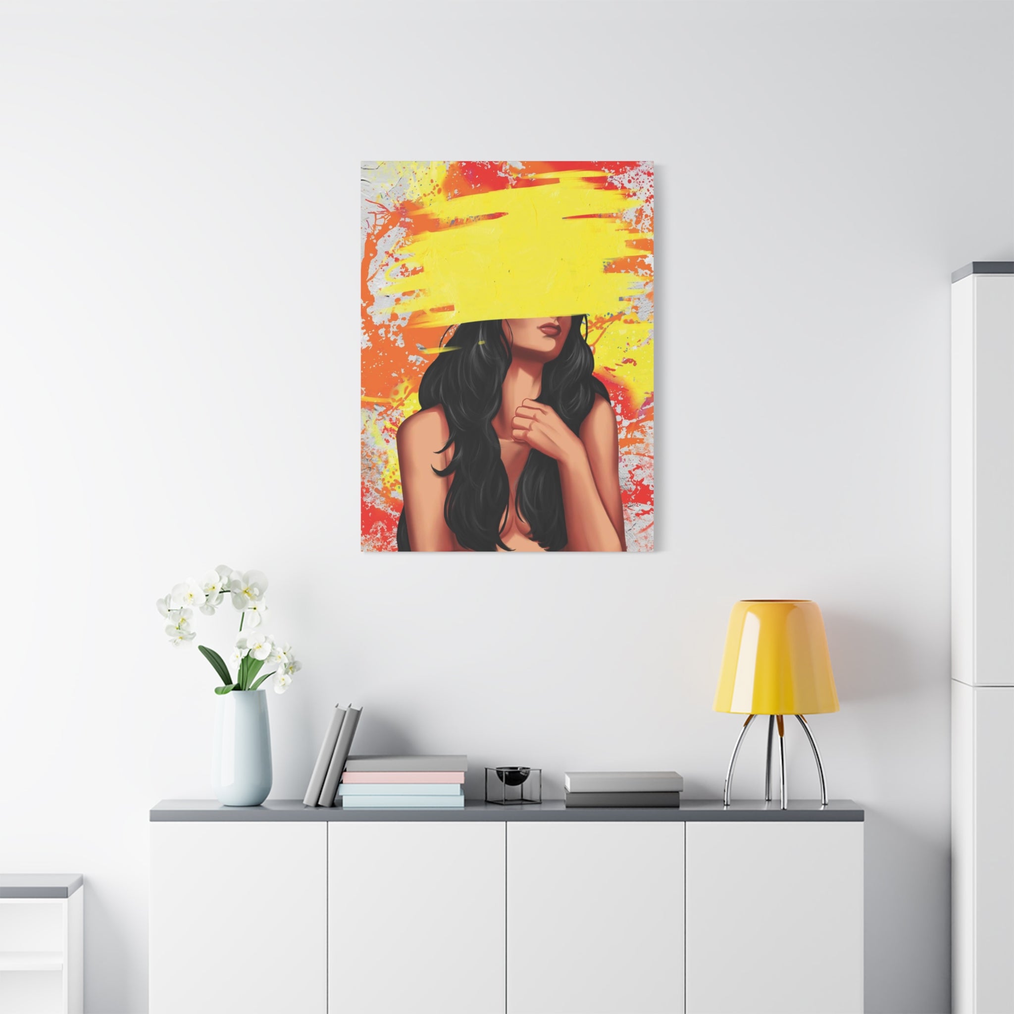 Abstract Femme Nude Canvas Art – Yellow Paint Stroke Portrait 