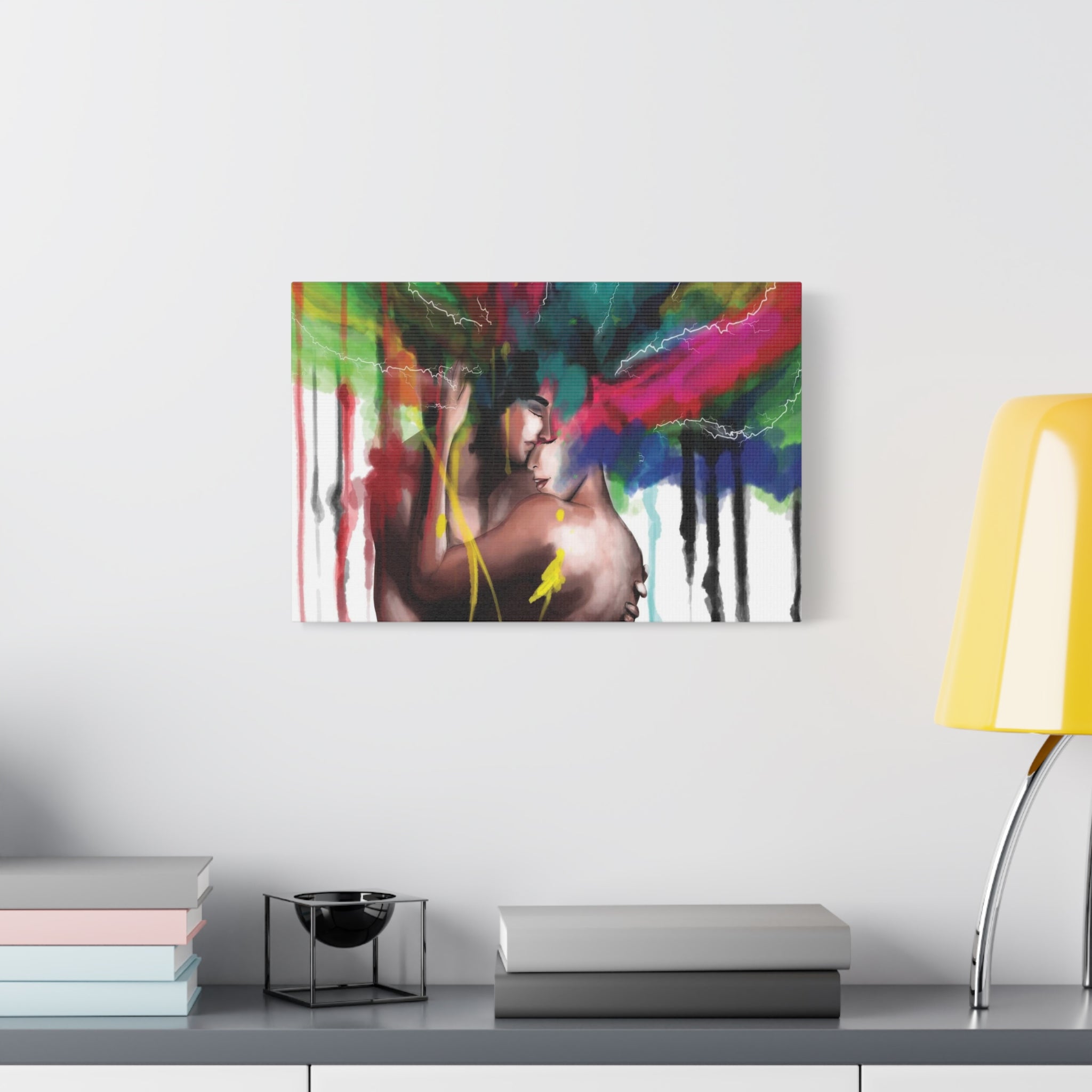 Abstract Rainbow Embrace Matte Canvas Wall Art — Colorful Couple Painting 