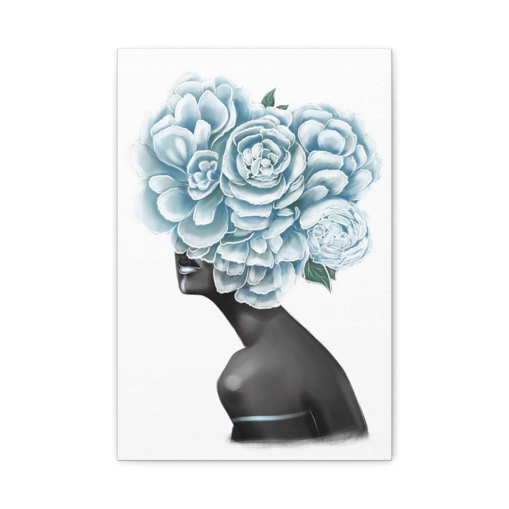 Blue Floral Woman Canvas Wall Art – Abstract Female Portrait