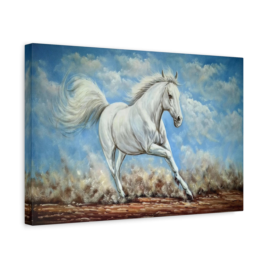 White Horse Running Canvas Wall Art — Stretched Matte Canvas