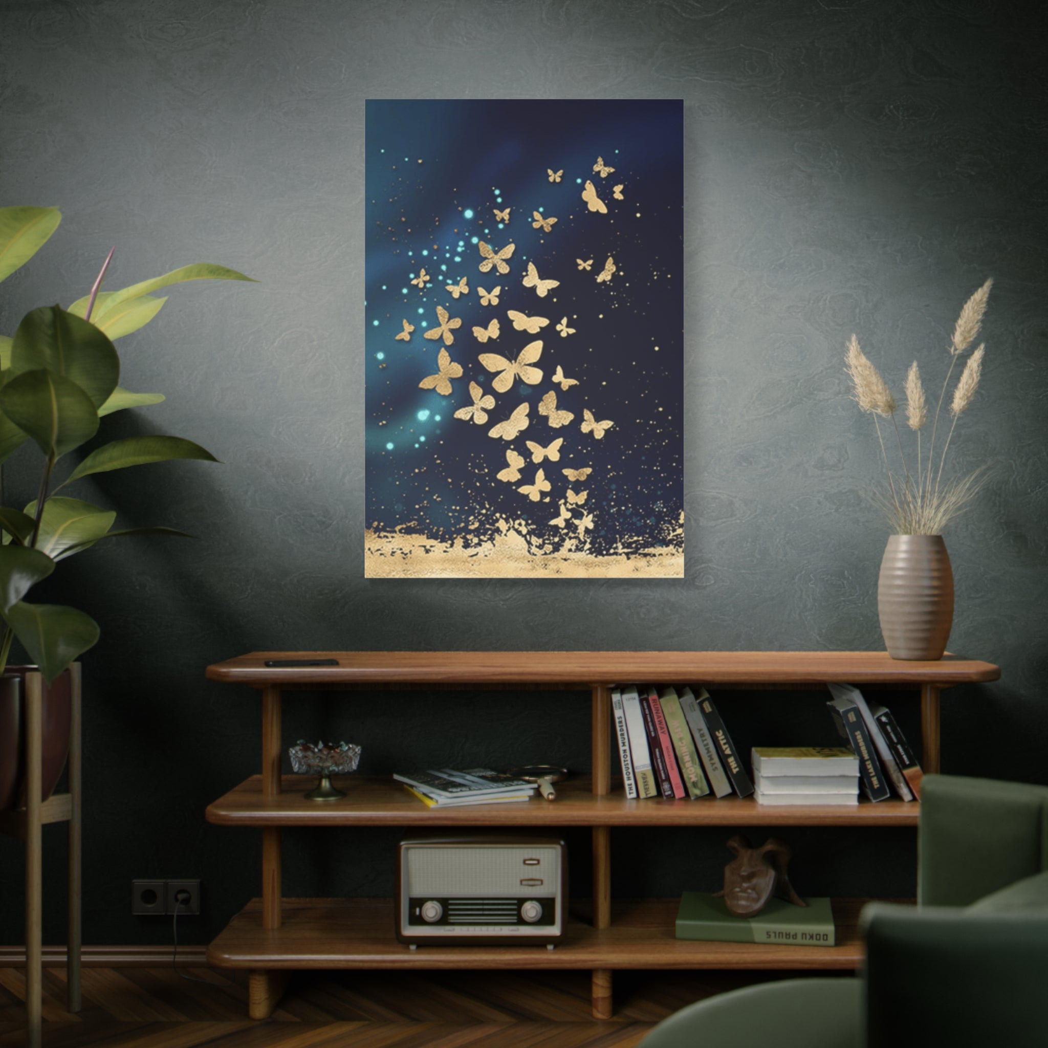 Gold Butterflies on Navy Canvas Print — Stretched Matte Wall Art 