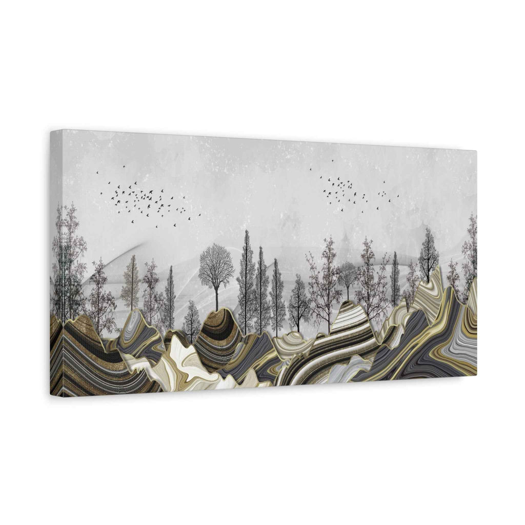 Abstract Gold Landscape Wall Art Canvas – Modern Mountain & Forest Luxury Artwork