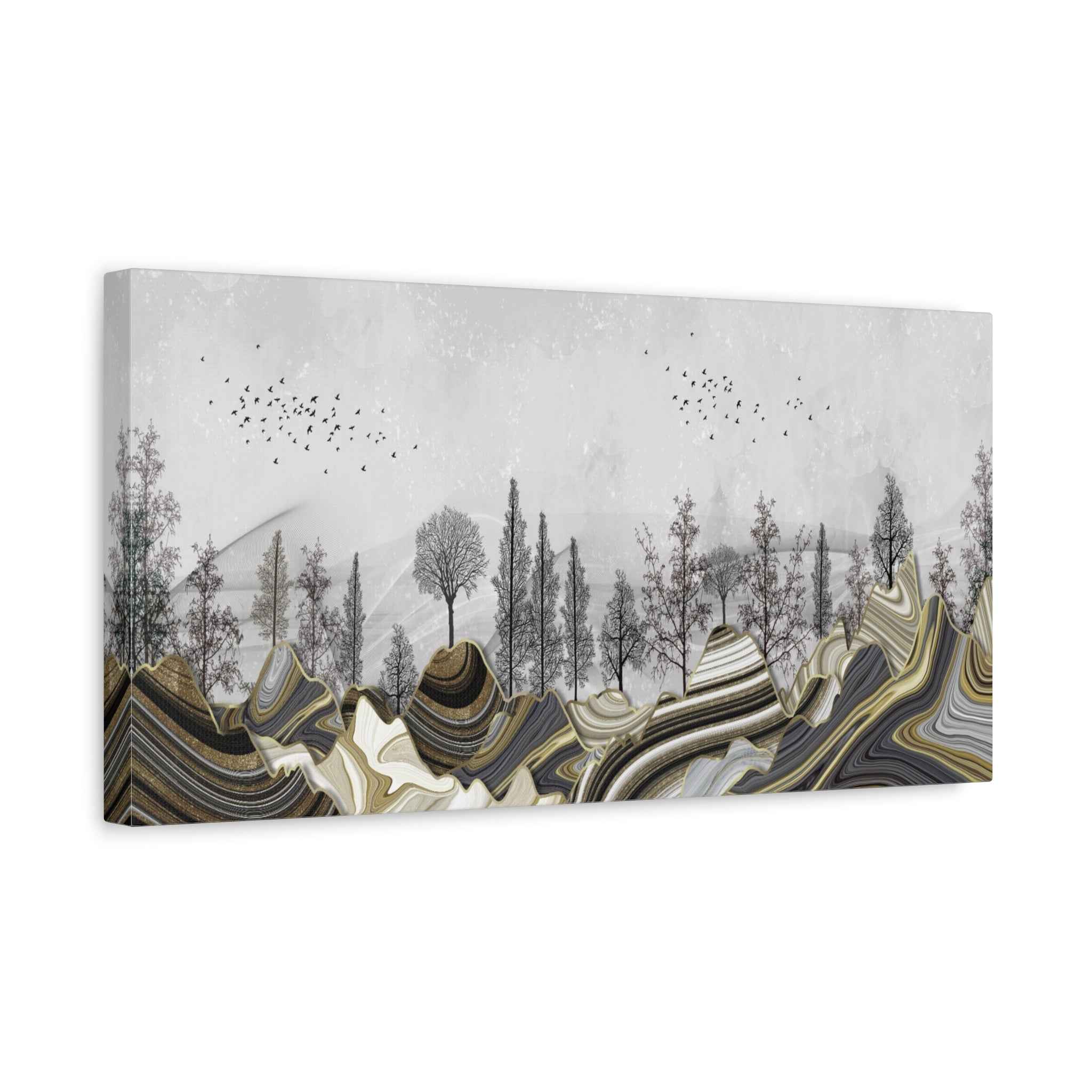 Abstract Gold Landscape Wall Art Canvas – Modern Mountain & Forest Luxury Artwork