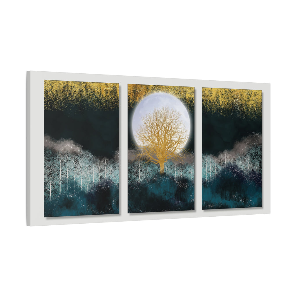 Golden Moon Tree Canvas Print Triptych Artwork - TheKaraHan