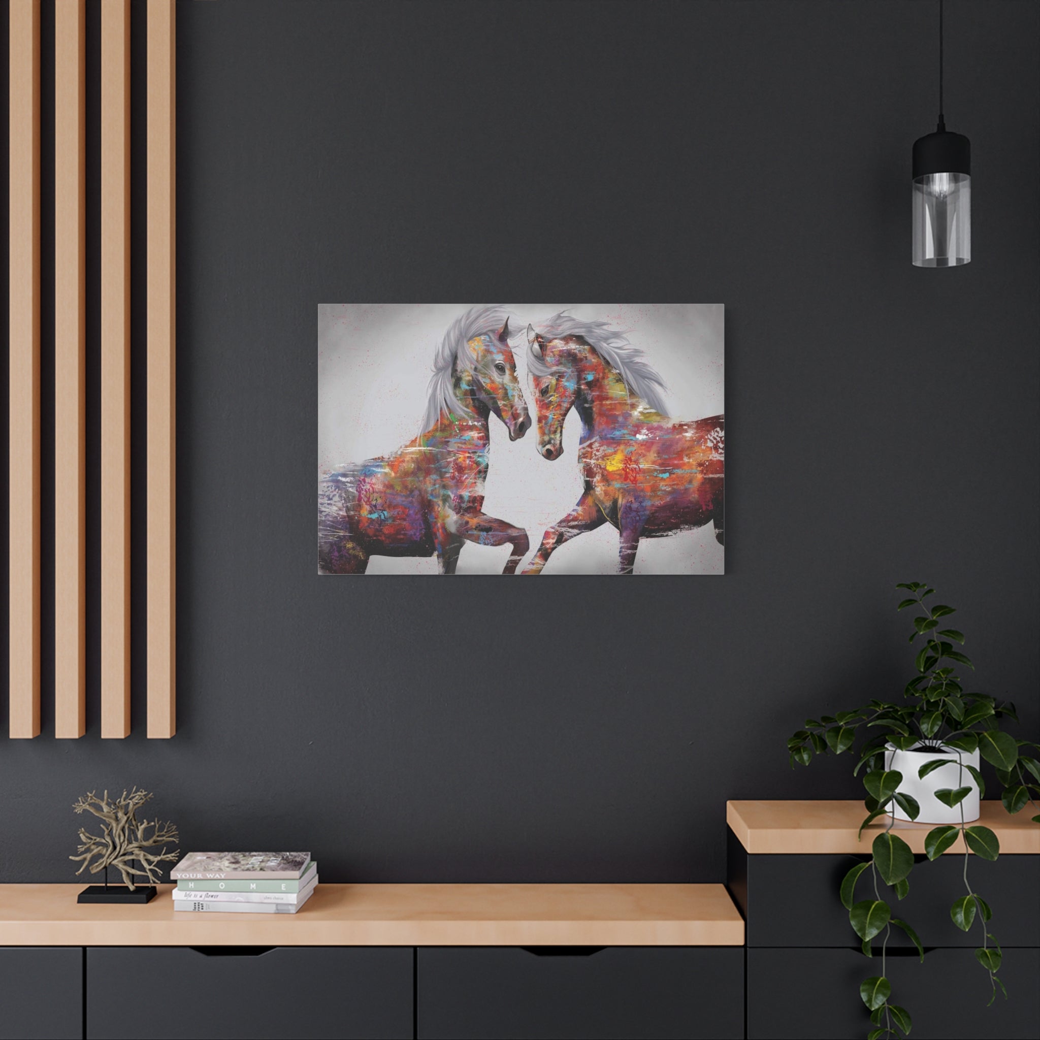 Colorful Horses Canvas Wall Art — Vibrant Abstract Horse Painting on Stretched Matte Canvas 