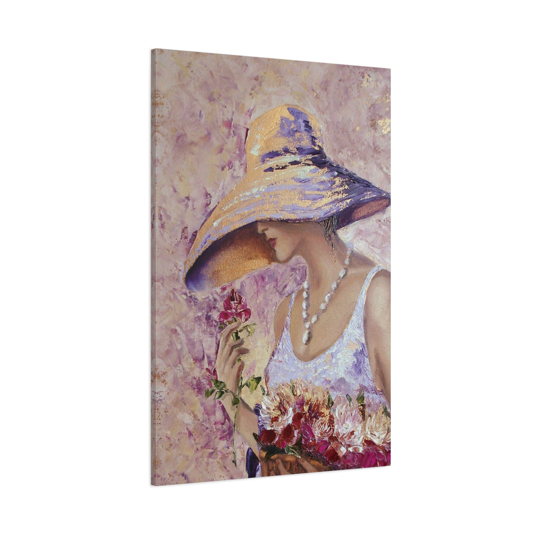 Floral Wall Art - Lady in Wide Brim Hat on Matte Stretched Canvas - TheKaraHan
