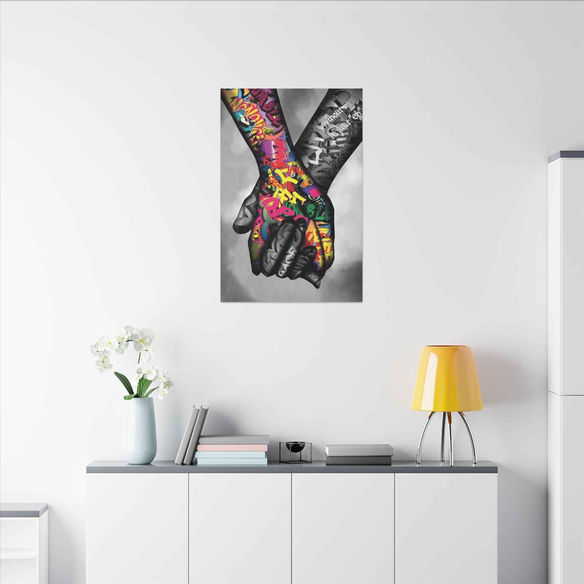Graffiti Hands Canvas Art - Vibrant Colorful Holding Hands Wall Print - TheKaraHan