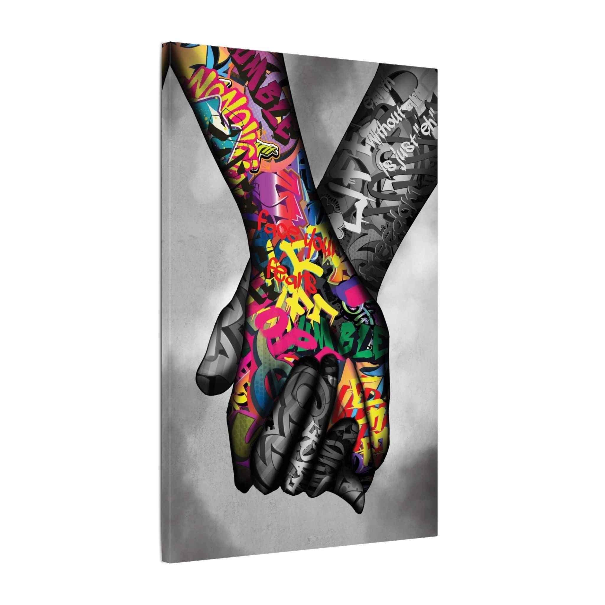 Graffiti Hands Canvas Art - Vibrant Colorful Holding Hands Wall Print - TheKaraHan