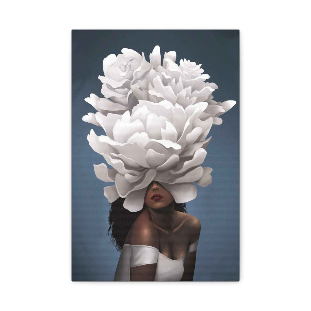 Floral Veil Canvas Wall Art — Elegant Woman with Oversized White Peony - TheKaraHan