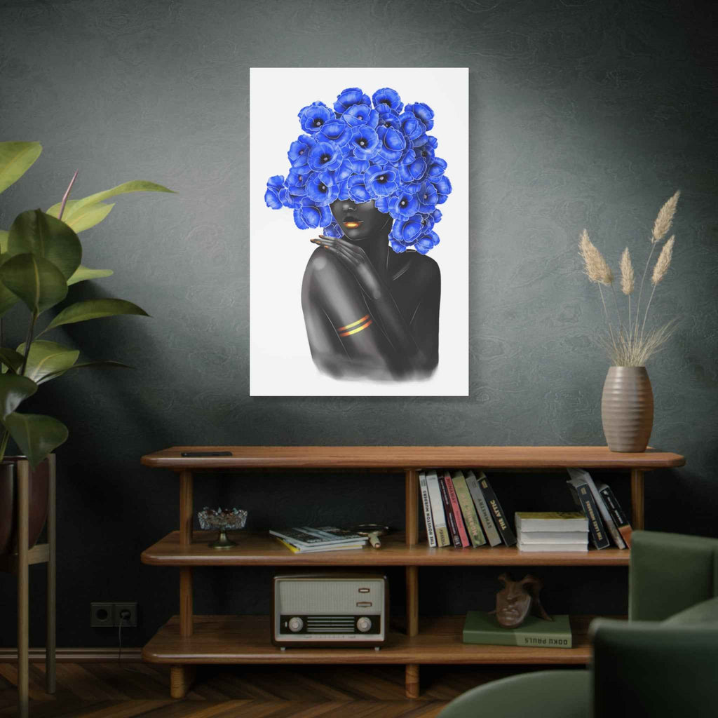 Blue Floral Woman Wall Art, Abstract Black Woman