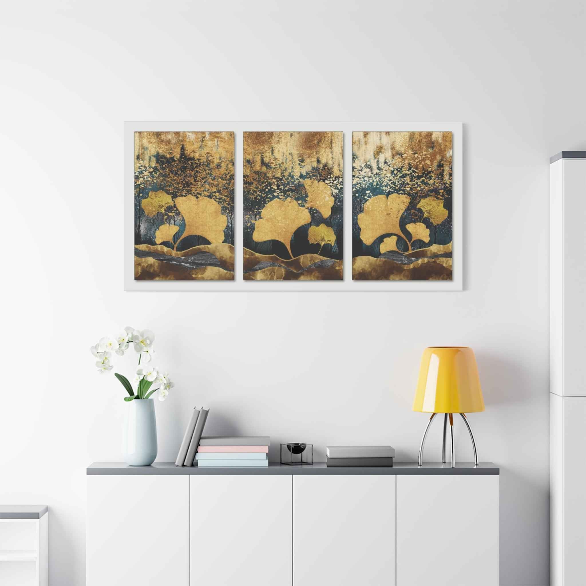 Golden Ginkgo Leaf Abstract Canvas Wall Art – Luxury Botanical Decor