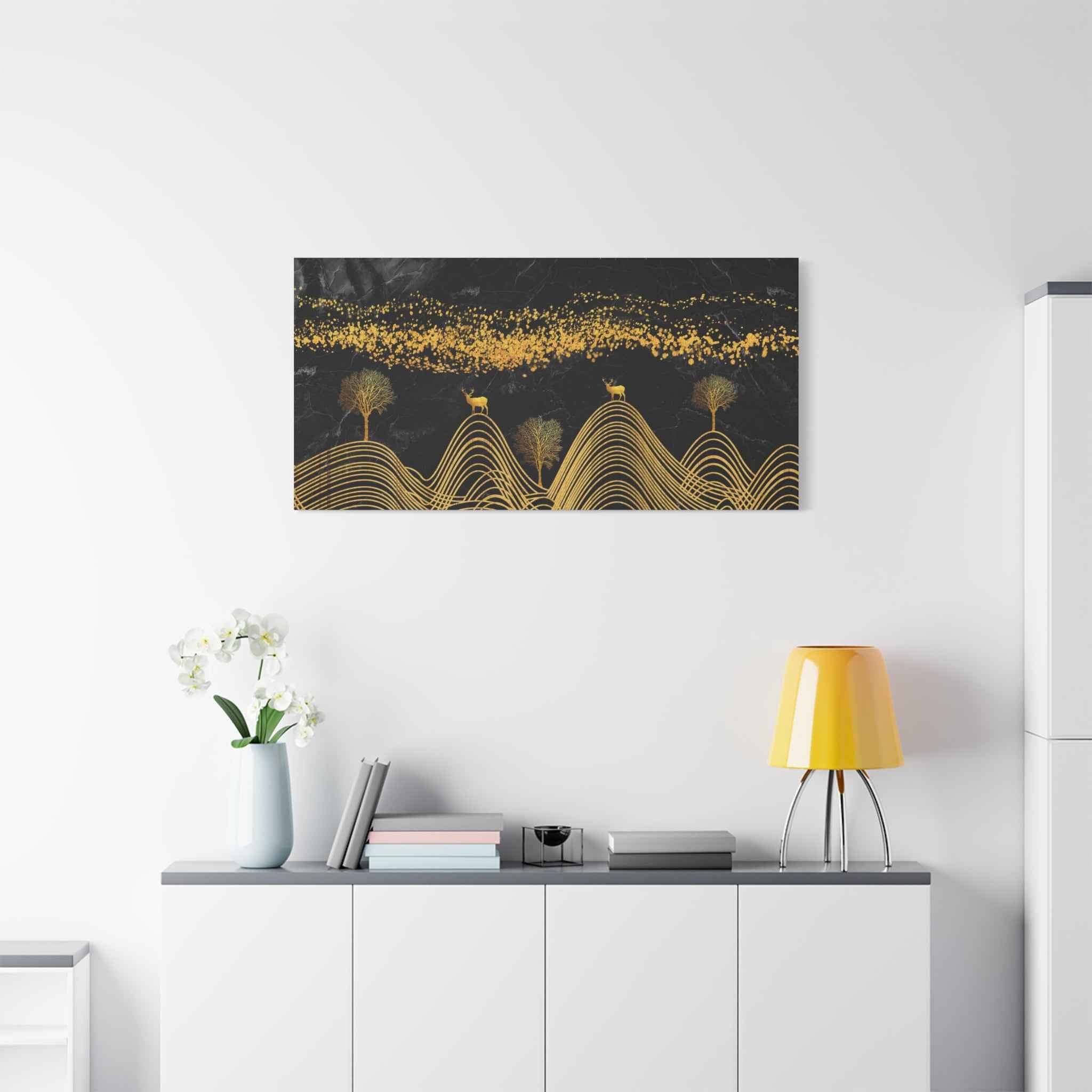 Black & Gold Abstract Canvas Wall Art – Luxury Modern Landscape Painting for Living Room Decor