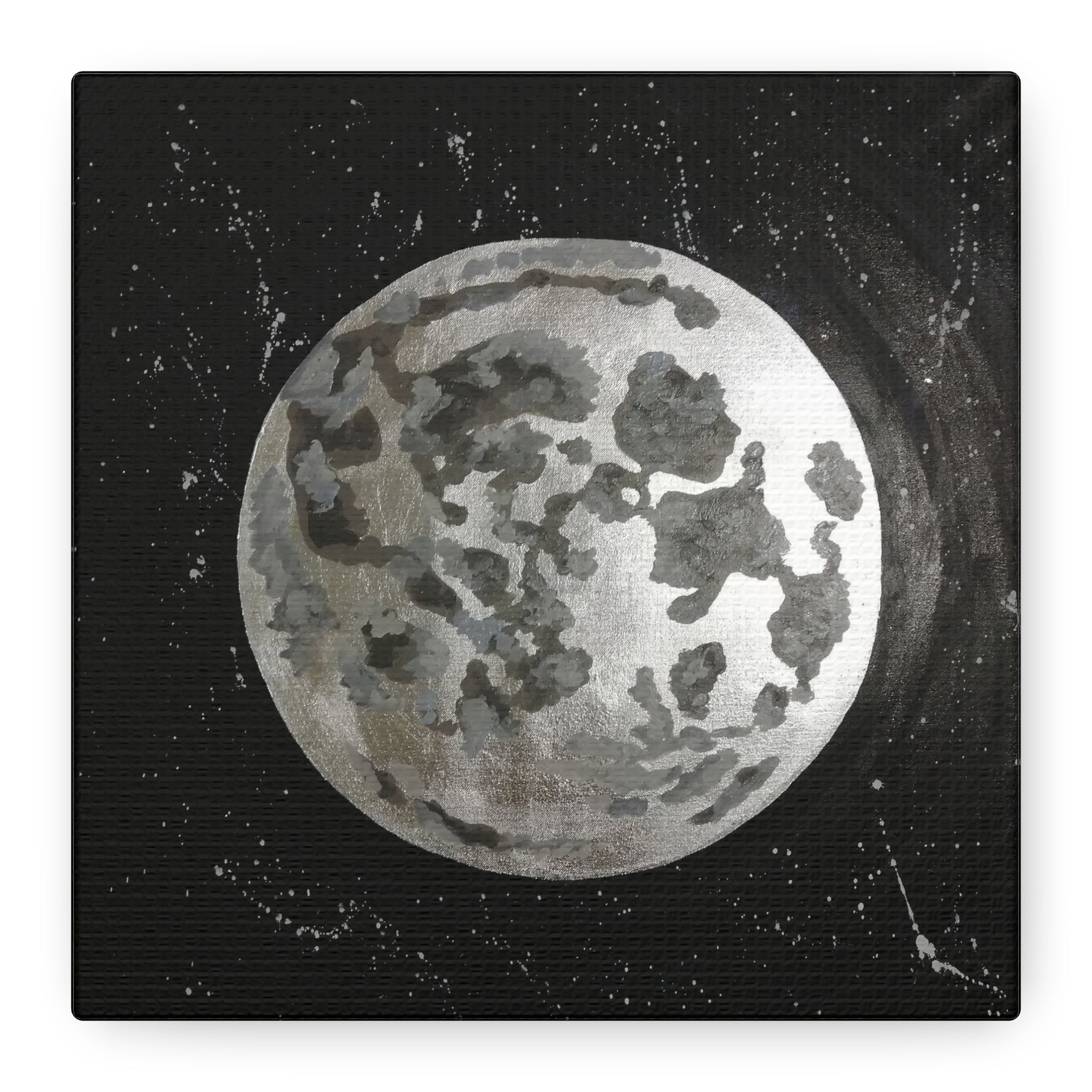 Lunar Moon Canvas Print — Watercolor Moon Art on Black Starry Background 