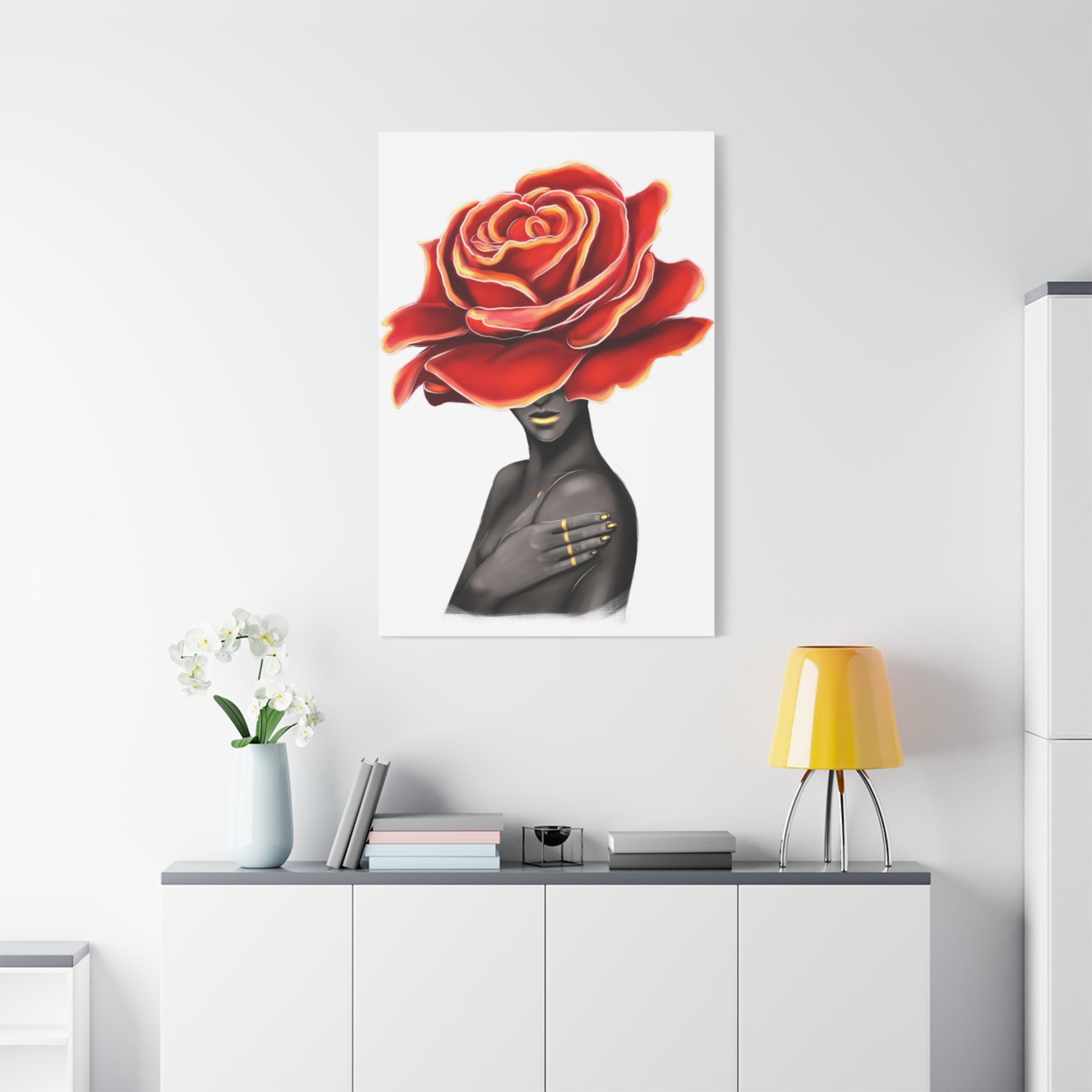 Red Rose Floral Bust Wall Art Canvas – Luxury Abstract Flower Portrait Print
