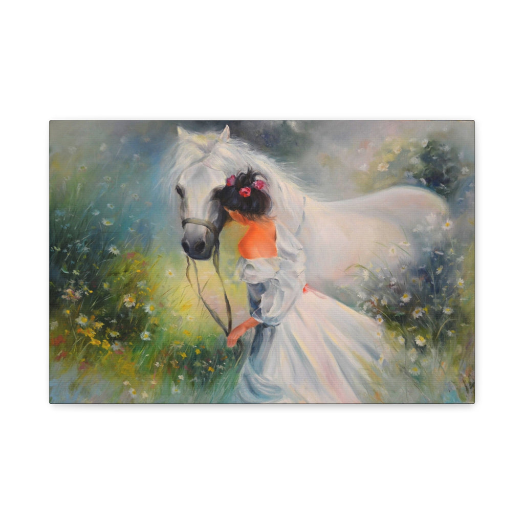 Romantic Girl with White Horse Matte Canvas Wall Art