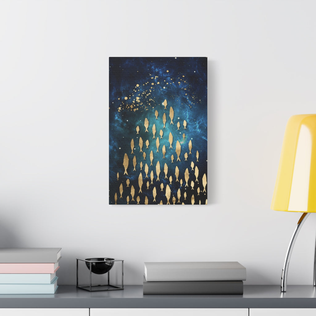 Gold Fish Galaxy Canvas Wall Art — Navy Blue Matte Stretched Canvas 
