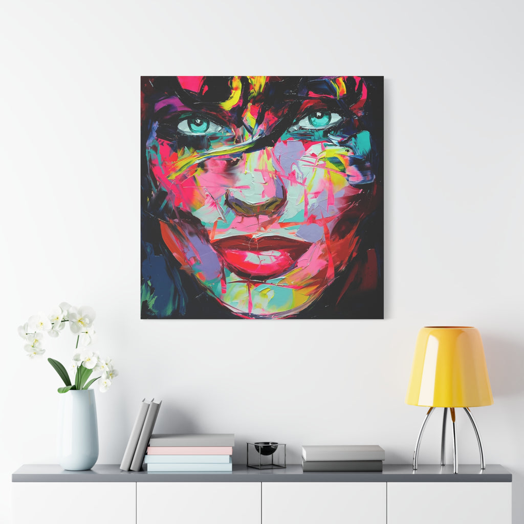 Colorful Abstract Portrait Canvas Print — Neon Female Face Matte Stretched Wall Art - TheKaraHan