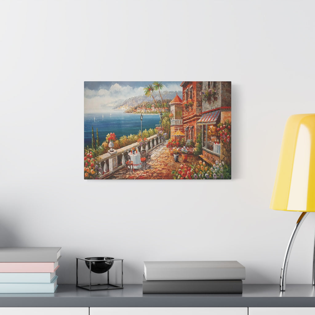 Coastal Villa Seaside Canvas Print — Mediterranean Terrace Wall Art, Matte Stretched 1.25" 