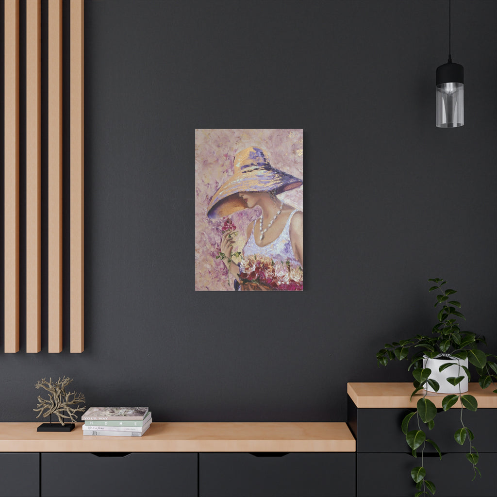 Floral Wall Art - Lady in Wide Brim Hat on Matte Stretched Canvas - TheKaraHan