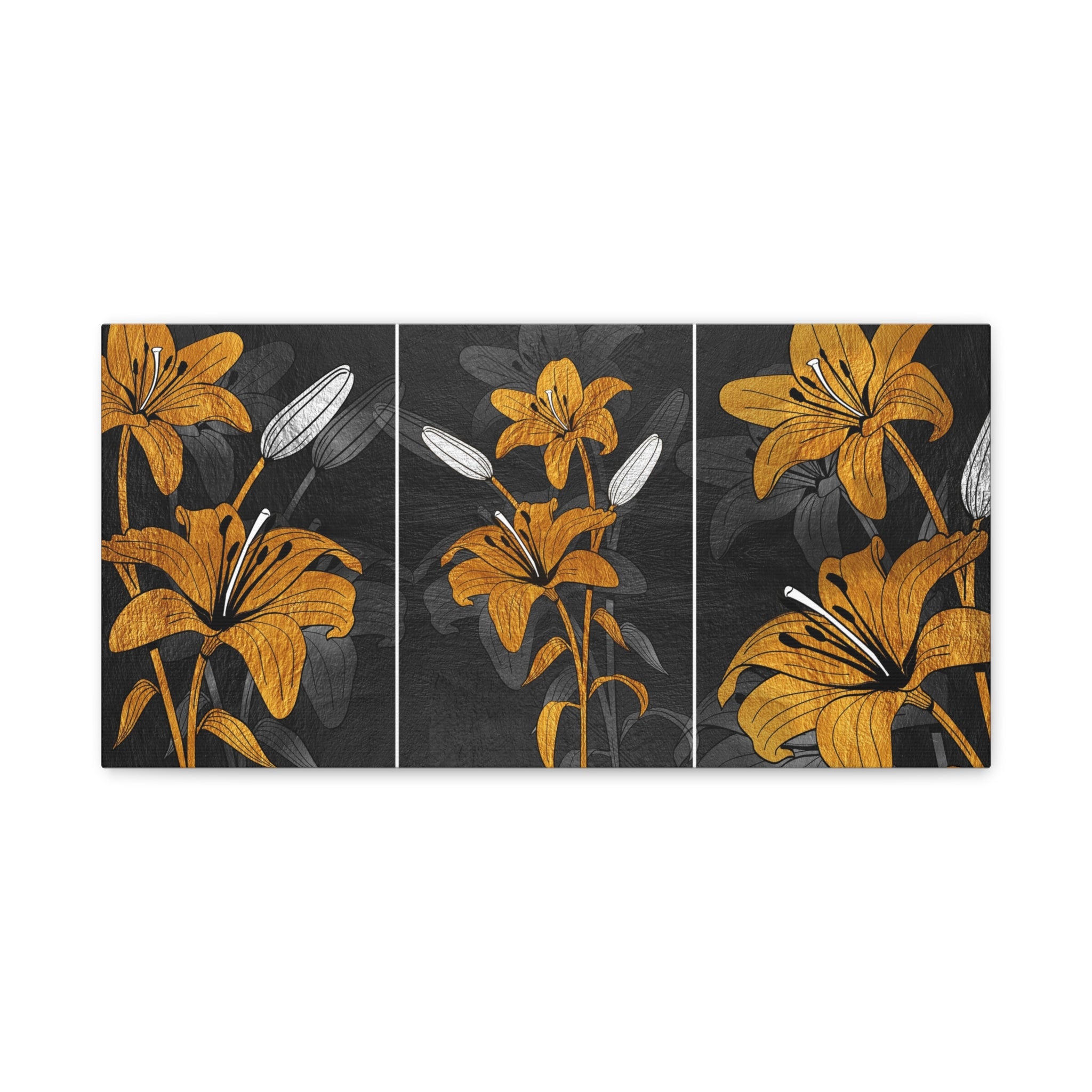 Lily Triptych Canvas Art - Golden Floral Stretched Matte Wall Decor - TheKaraHan