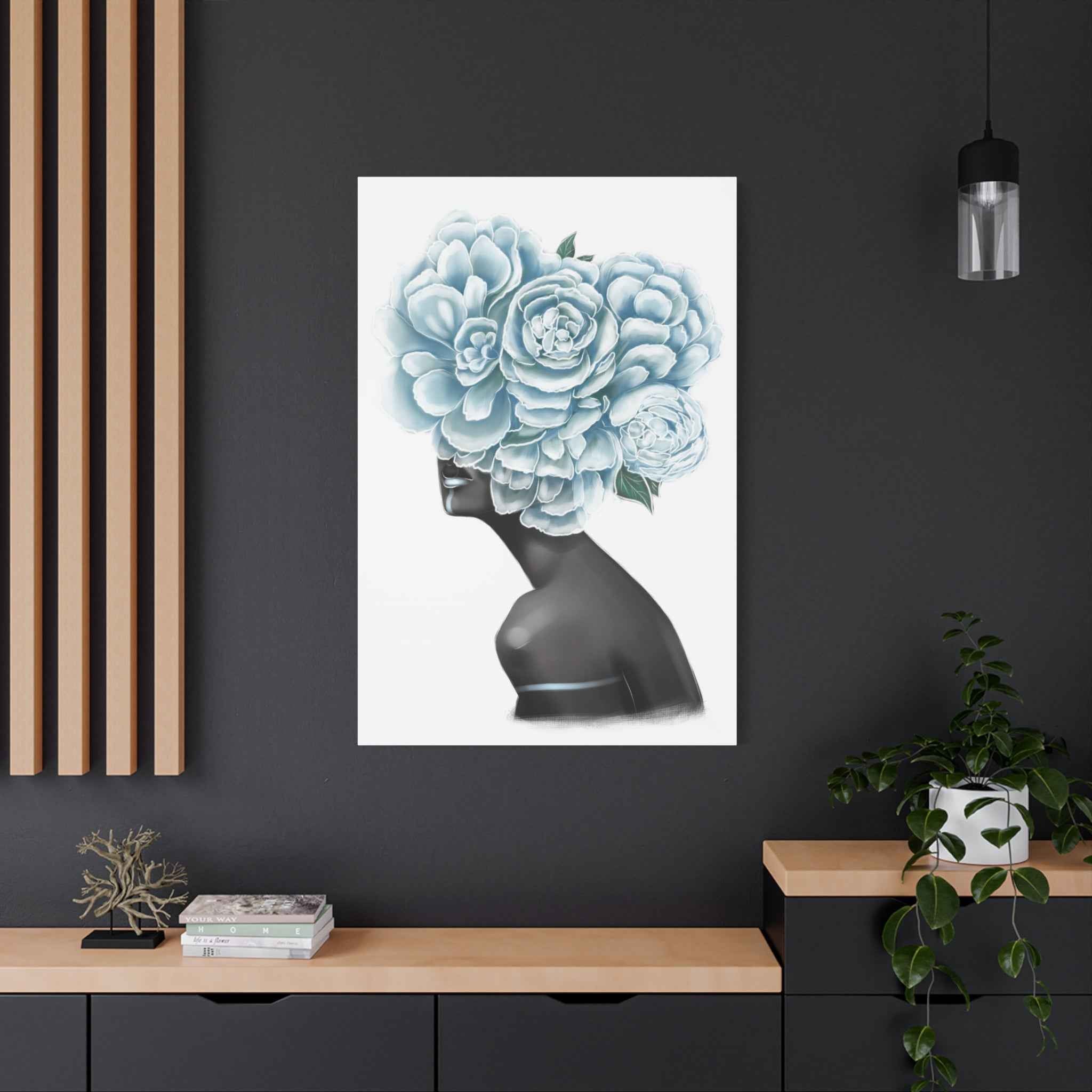 Blue Floral Woman Canvas Wall Art – Abstract Female Portrait
