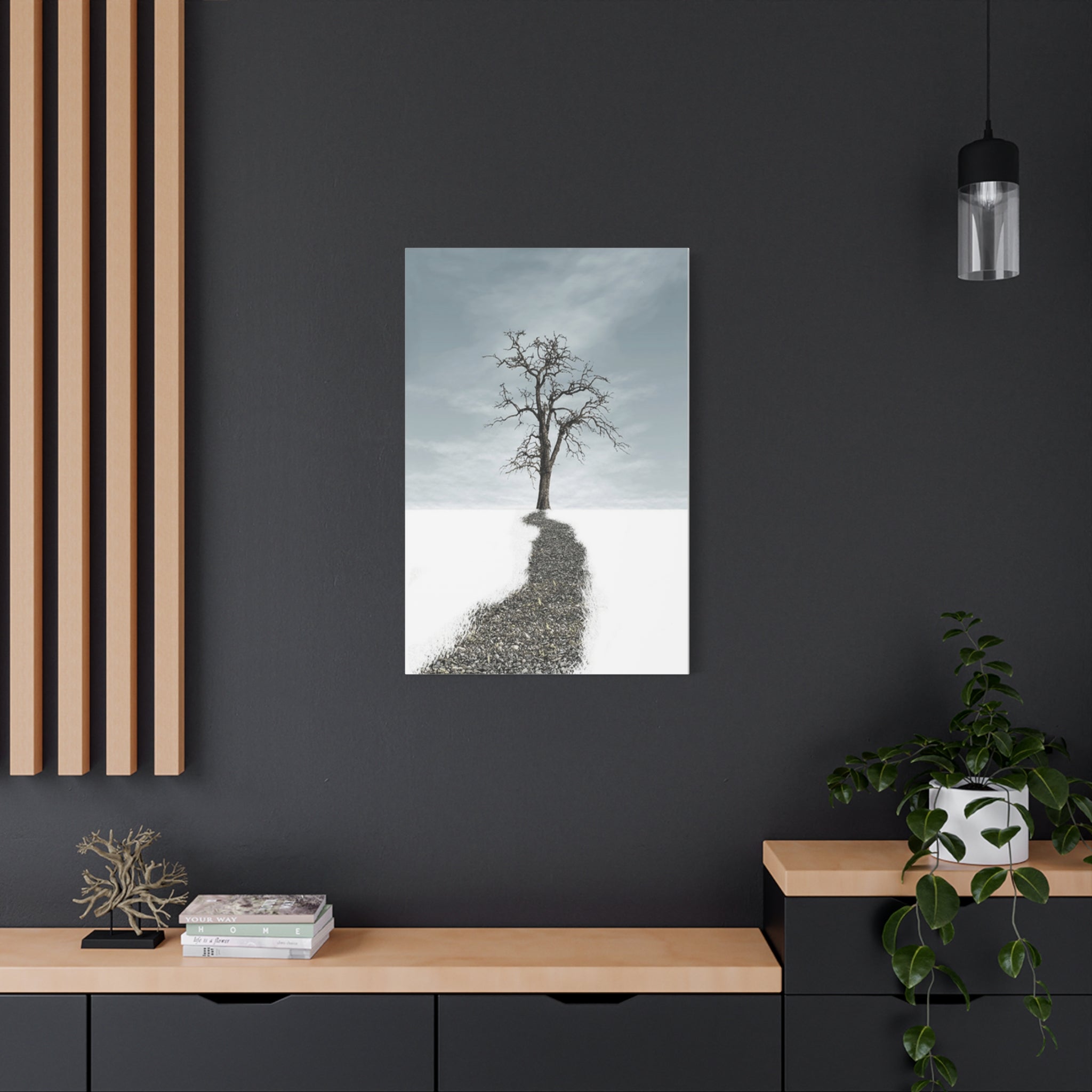 Solitary Tree Path Canvas Print — Minimalist Winter Landscape Wall Art 