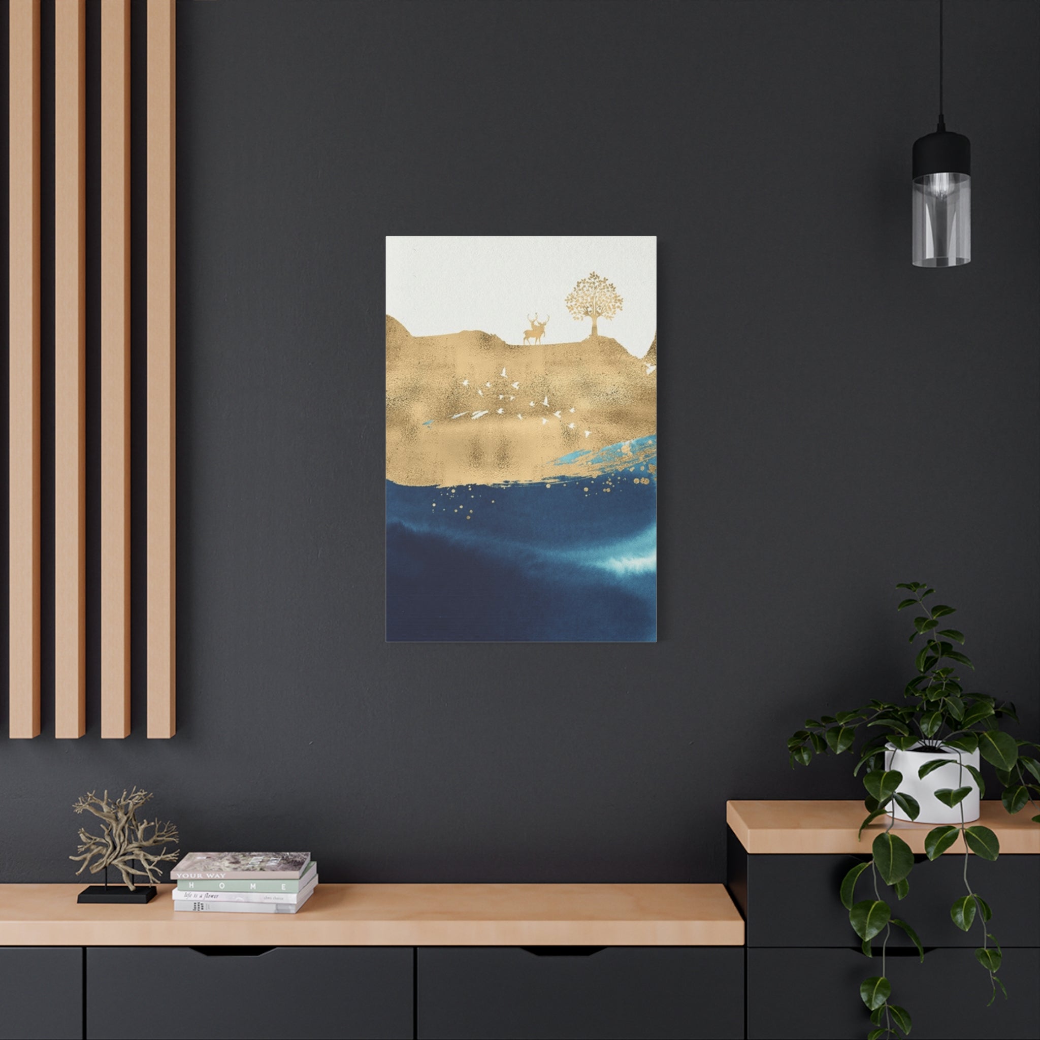 Canvas Wall Art - Gold & Navy Abstract Landscape with Deer 