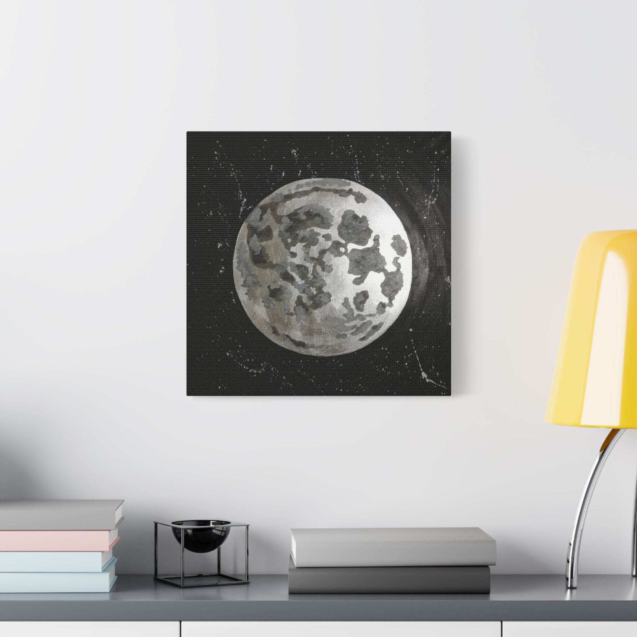 Lunar Moon Canvas Print — Watercolor Moon Art on Black Starry Background 