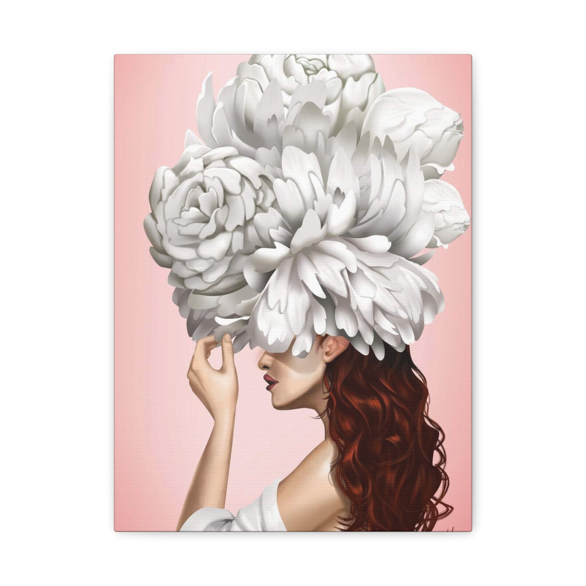 Floral Headdress Art Canvas — Pink Portrait Matte Stretched Wall Art 