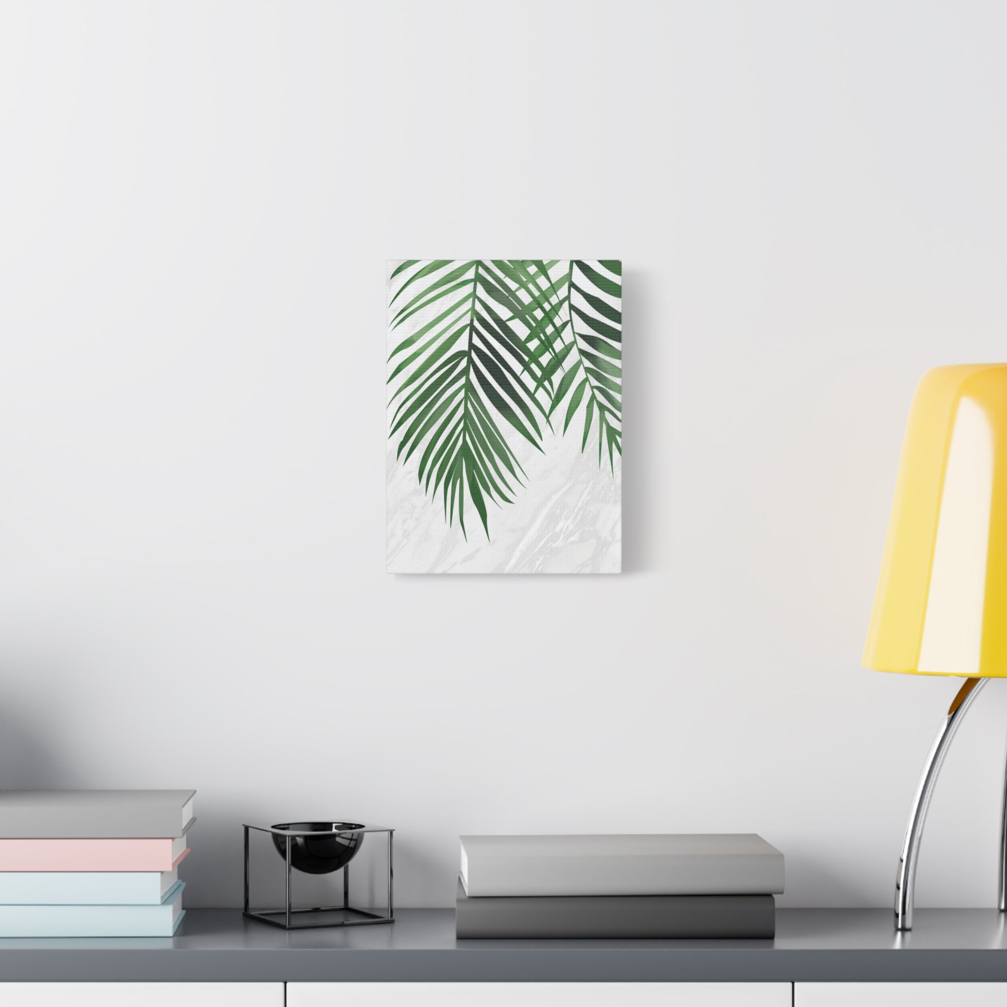 Tropical Palm Leaf Canvas Wall Art — Green Palm Fronds on Marble Matte Canvas 