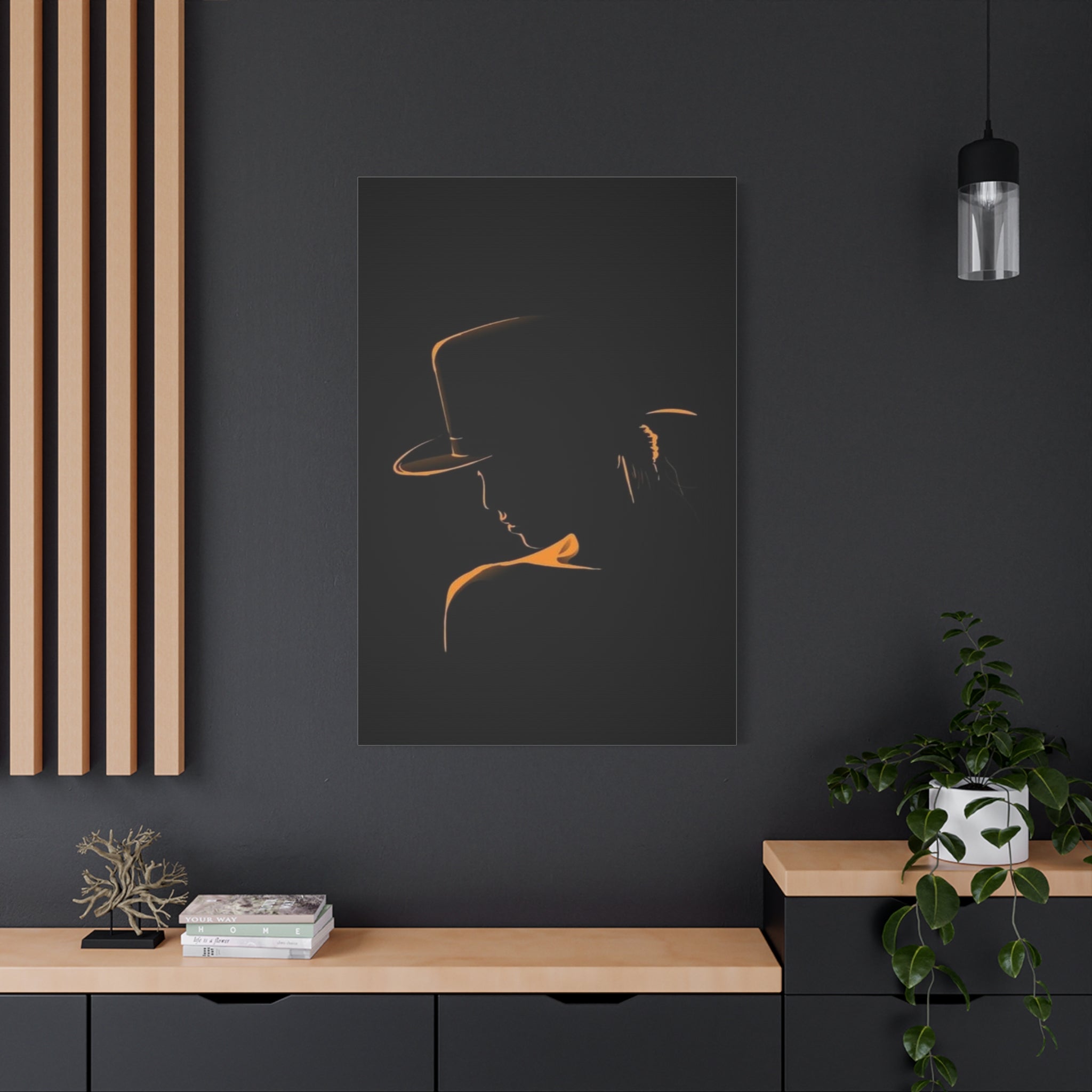 Moody Silhouette Canvas Art — Woman in Hat Matte Stretched Canvas 