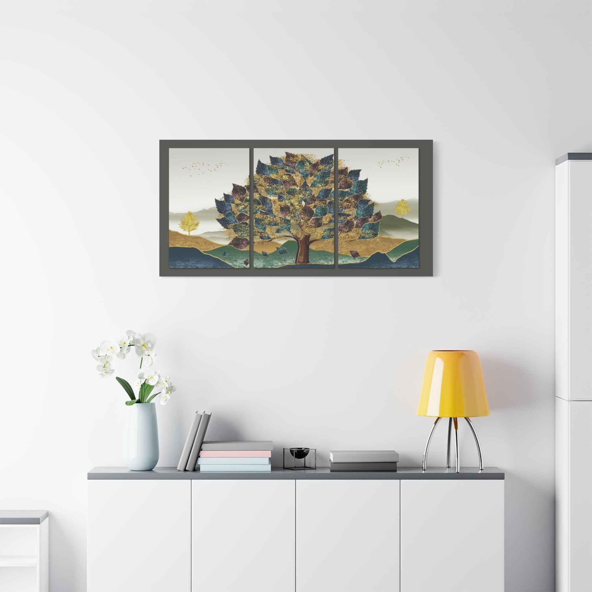 Golden Tree Canvas Wall Art – Abstract Landscape Triptych