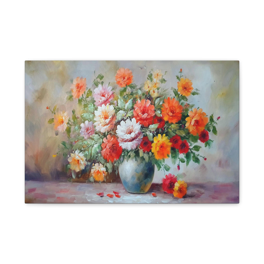 Floral Bouquet Canvas Wall Art – Vibrant Vase of Orange & Pink Flowers, Matte Stretched Print 